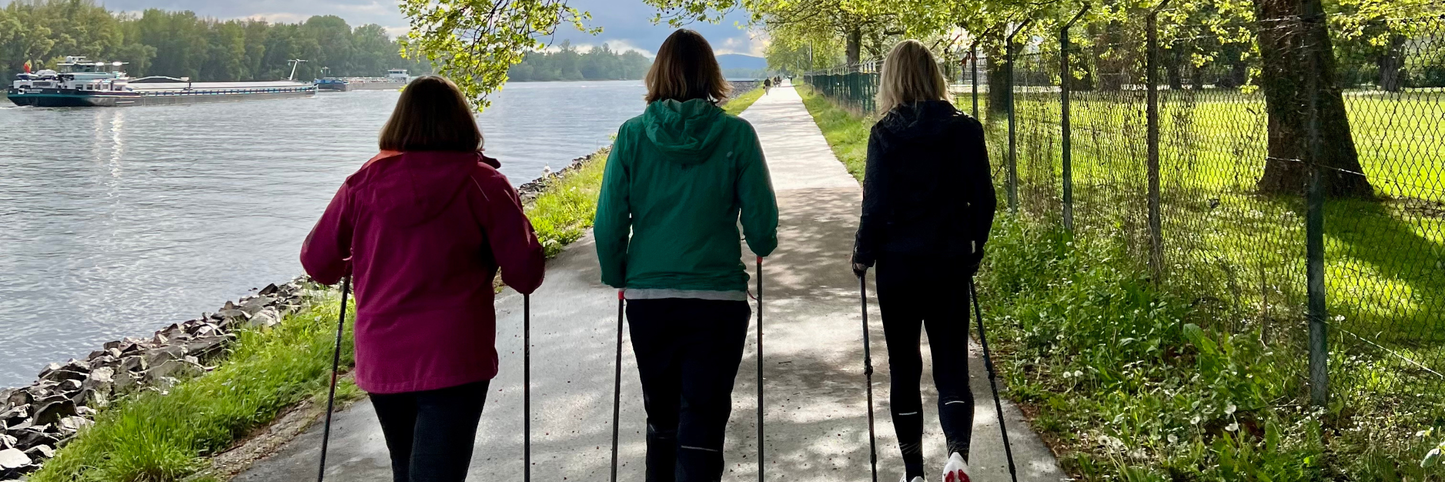 Eine Gruppe von drei Damen macht  Nordic Walking am Rhein in Eltville