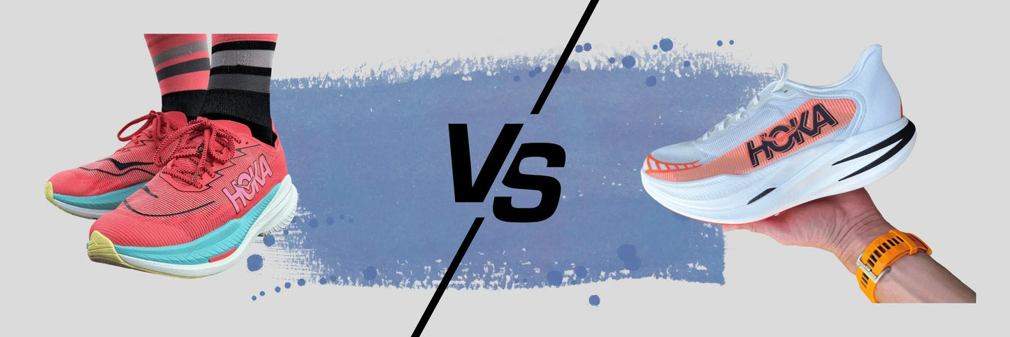 Hoka Laufschuhe Vergleich, links getragen pink, rechts weiß in Hand gehalten, neutrale Kulisse