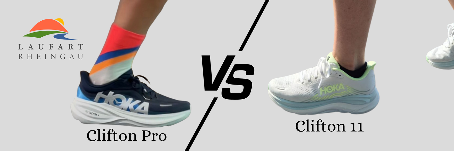 blauer Laufschuh am Fuß Hoka Clifton Pro und weißer Laufschuh am Fuss, Hoka Clifton 11